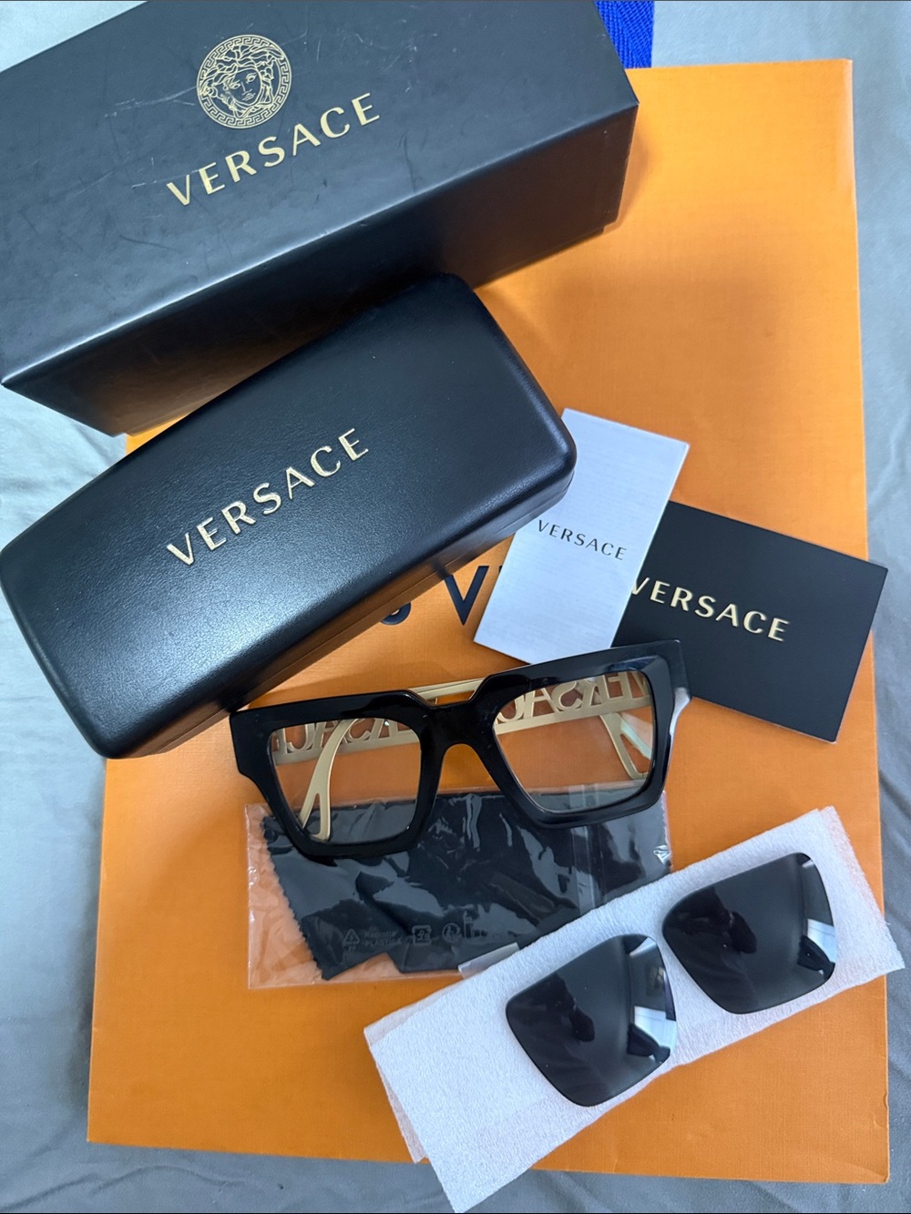 Authentic Versace Women’s Black and Gold Square Frame Sunglasses